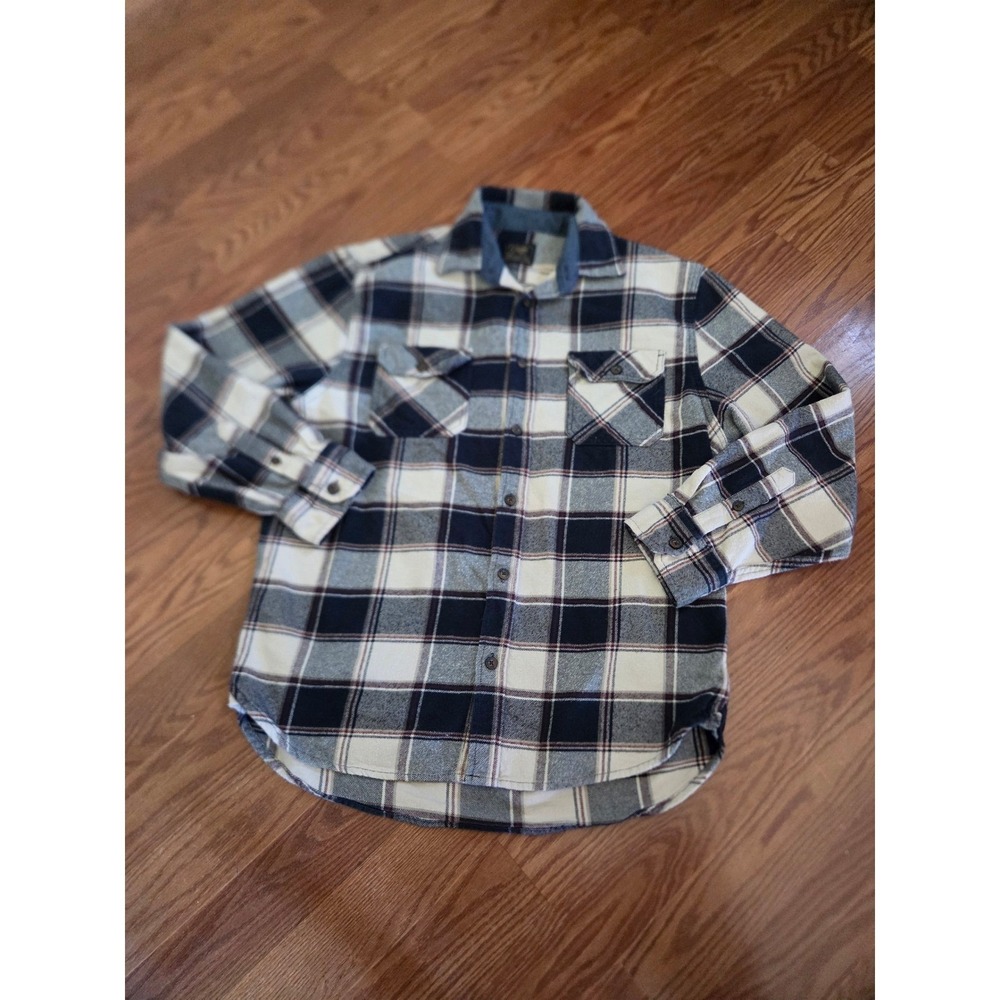 Jachs NY Mens Heritage Flannel Plaid Button Down Shirt Navy Blue Cream Large